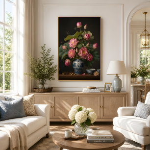 Poster Pintura a óleo de Lótus Rosa Elegante num Vaso Azu