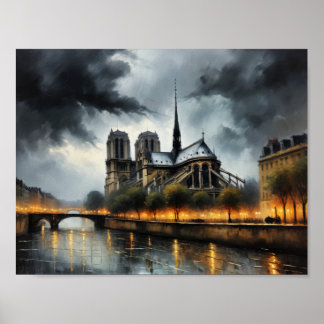 Poster Pintura a óleo de Notre Dame de Paris à noite