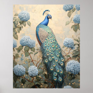 Poster Pintura a Óleo de Pavão Elegante com Hortênsias Az