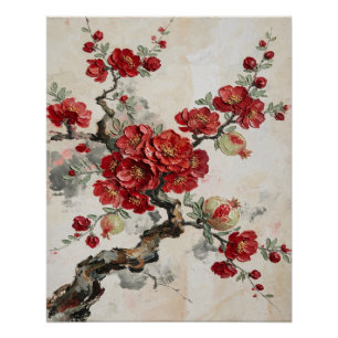 Pôster Pintura a óleo de romã com flores vermelhas no ram
