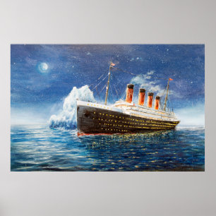 Poster pintura a óleo do Titanic e iceberg no oceano à no