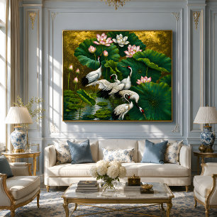 Pôster Pintura a Óleo Elegante Lótus e Grou Asiático Dour