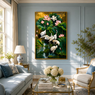 Pôster Pintura a Óleo Elegante Lótus e Grou Asiático Dour