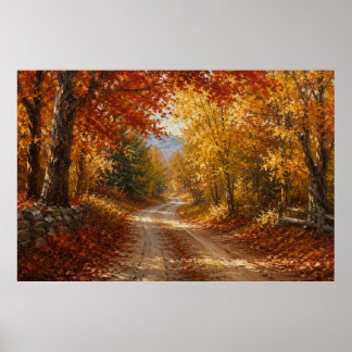 Poster Pintura a Óleo Estrada da Floresta de Outono