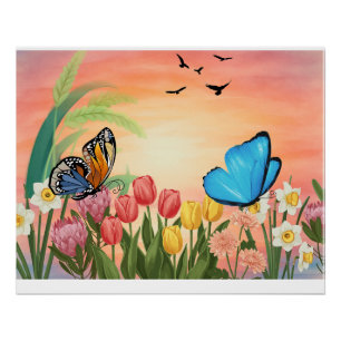 Pôster Pintura a Óleo Floral de Borboleta Elegante