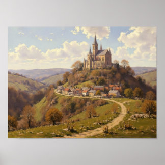 Poster Pintura a Óleo Impressionista Caminho da Igreja no