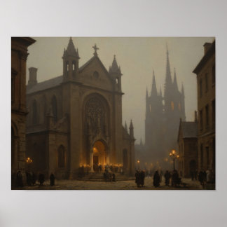 Poster Pintura a óleo impressionista da rua da catedral e
