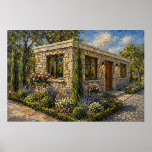 Poster Pintura a Óleo Jardim de Rosas e Lavanda da Casa d