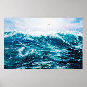 Poster pintura a óleo mostrando ondas no oceano ou no mar