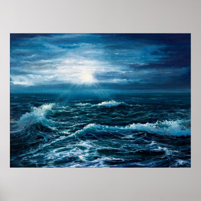 Poster pintura a óleo mostrando ondas no oceano ou no mar (Frente)