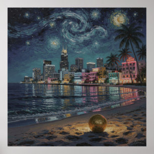 Poster Pintura a Óleo Noturna Pastel Miami Art Deco Praia