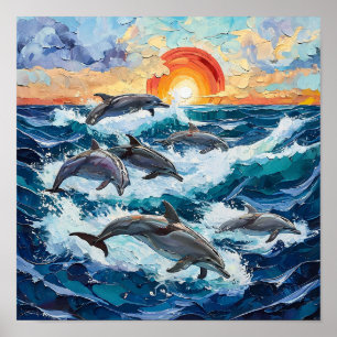 Poster Pintura a Óleo Paisagem Marinha Golfinhos Onda do
