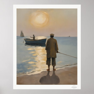 Poster Pintura a Óleo Pescador na Hora Dourada no Mar