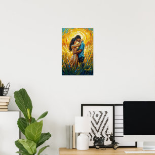 Poster Pintura a Óleo Romance do Pôr de Sol Dourado