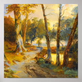 Poster Pintura a Óleo Vintage de Árvores da Floresta e Ri