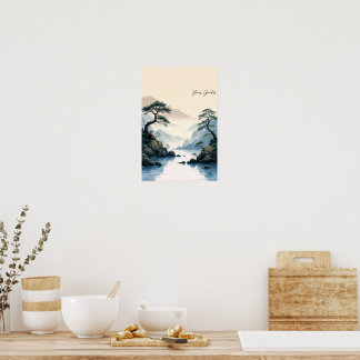 Poster Pintura a Tinta Chinesa do Rio da Montanha Nebulos