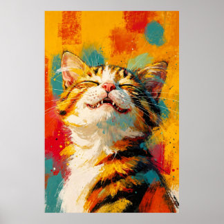 Poster Pintura abstrata a óleo de gato malhado feliz sorr