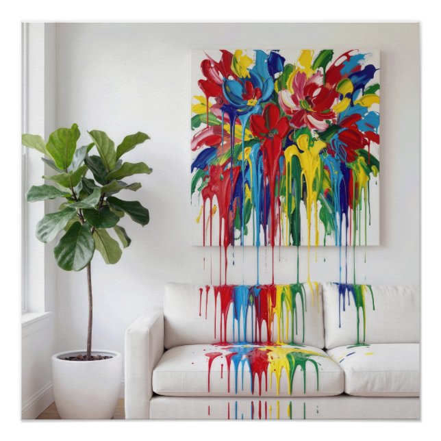 Pôster Pintura Abstrata com Tinta Pingando no Sofá Branco (Frente)