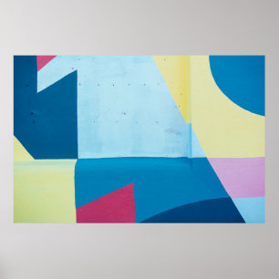 Poster Pintura abstrato azul, vermelha, rosa e amarela