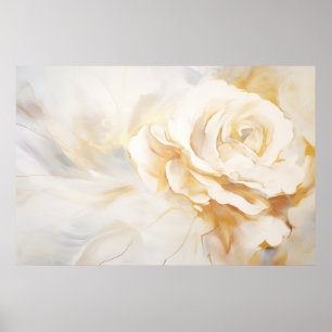 Poster pintura abstrato - Rosa branca e fundo dourado