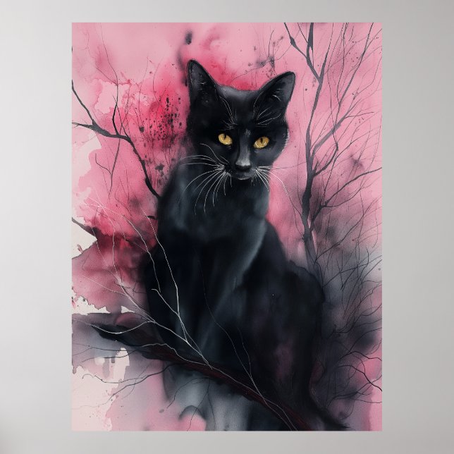 Poster Pintura Abstrato Surreal em Retrato de Gato Preto (Frente)