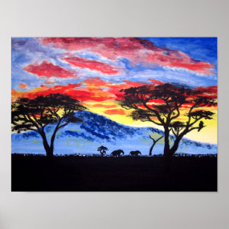 Poster Pintura Afro-Sunset Safari Animal Silhouter