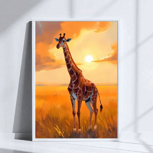 Poster Pintura Animal Safari Girafa Pôr do Sol