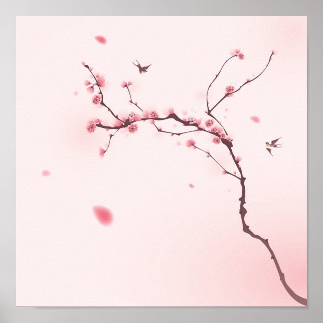 Pôster Pintura ao estilo oriental, flor de cereja (Frente)
