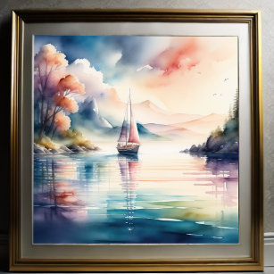 Poster Pintura aquosa de veleiro no lago