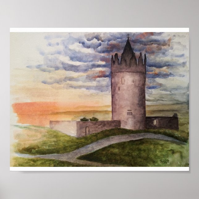 Poster Pintura aquosa do castelo irlandês e paisagem (Frente)