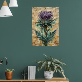 Poster Pintura Artística Botânica de Cardo Escocês em Óle