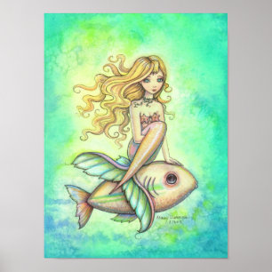 Pôster Pintura Artística de Fantasia de Sereia Fofa e Pei