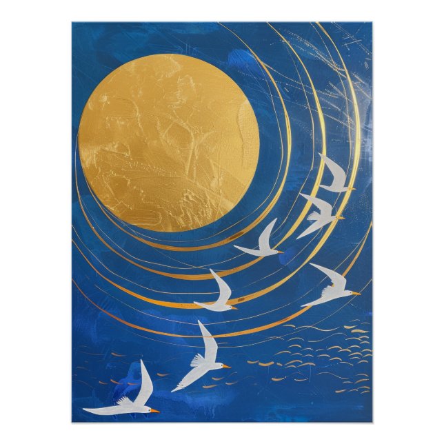 Pôster Pintura Celestial dos Pássaros da Lua Dourada (Frente)