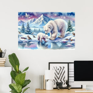 Poster Pintura Cena de Família de Urso Polar na Neve