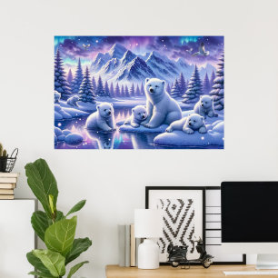 Poster Pintura Cena de Família de Urso Polar na Neve