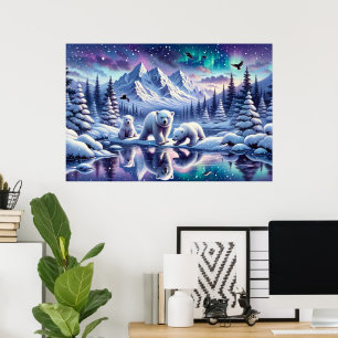 Poster Pintura Cena Nevada Família de Ursos Polares