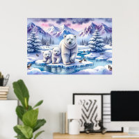 Pintura Cena Nevada Família de Ursos Polares
