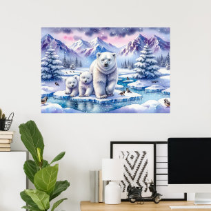 Poster Pintura Cena Nevada Família de Ursos Polares