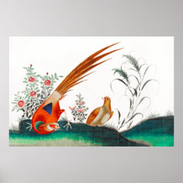Poster Pintura chinesa antiga de dois pássaros entre flor