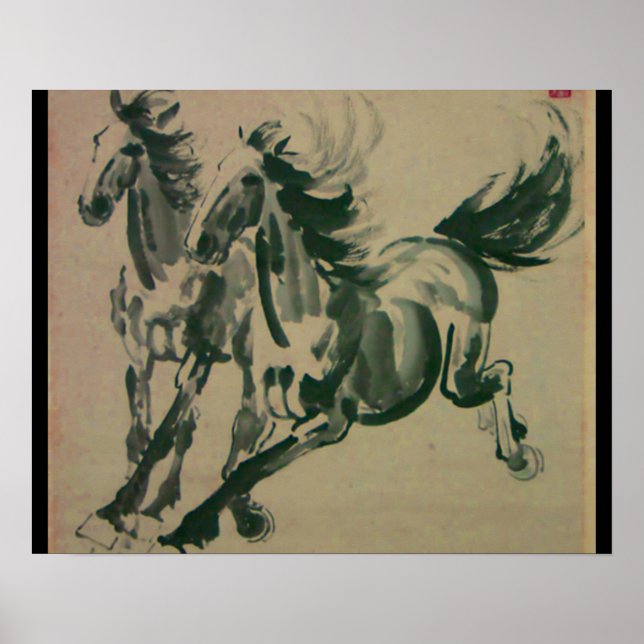 Poster Pintura chinesa de 2 cavalos (Frente)