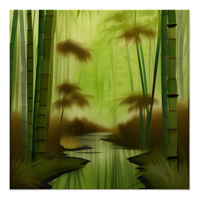 Pôster Pintura Chinesa Tradicional na Floresta de Bambu (Frente)