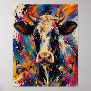 Poster Pintura Colorida Abstrata de Vaca com Borboletas
