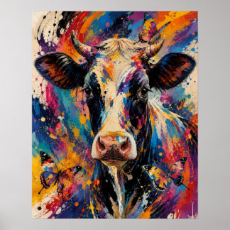 Poster Pintura Colorida Abstrata de Vaca com Borboletas