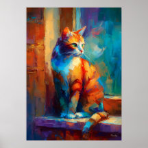 Pintura Colorida de Gato Animal Impressionista