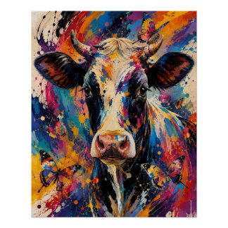 Pôster Pintura Colorida e Abstrata de Vaca com Borboletas