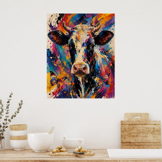 Poster Pintura Colorida e Abstrata de Vaca com Borboletas