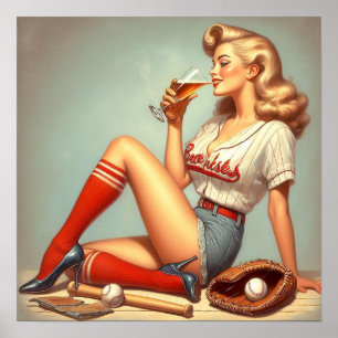 Poster Pintura com Rapariga de Baseball Retroativa