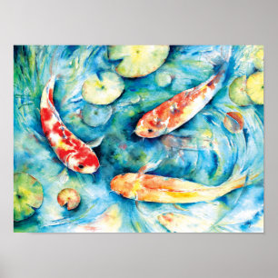 Pôster Pintura da aguarela de Koi na lagoa do lírio