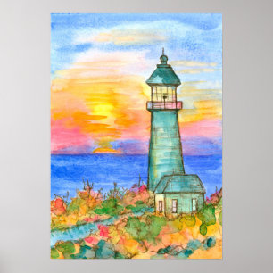 Poster Pintura da aguarela do oceano do farol do nascer