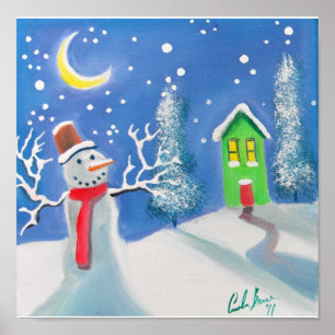Pôster Pintura da arte popular da cena do inverno do